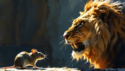 Poster - Clash of Power: A Ferocious Lion Roaring at a Timid Mouse, Symbolizing Strength Versus Meekness in Nature