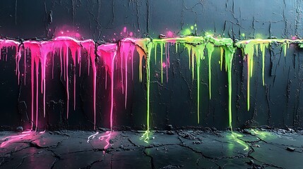 Wall Mural - Vibrant neon graffiti drips glowing in pink and green, cascading down a cracked black wall, sharp edges illuminating the rough concrete textures, glowing streaks standing out against the dark surface,