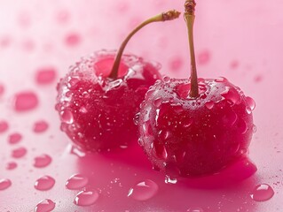 Wall Mural - Close Up of Two Juicy Cherries with Water Drops