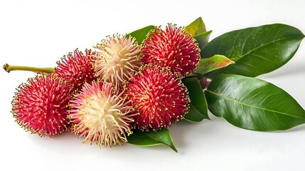 Fresh Rambutan Fruit with Green Leaves on White Background