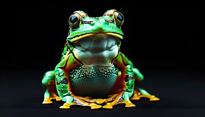 Intricate Markings of a Vibrant Green Frog Against a Bold Black Backdrop