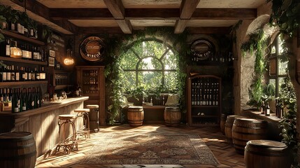 Canvas Print - Rustic Wine Cellar Interior Design: Cozy Tavern with Wooden Barrels and Sunlight