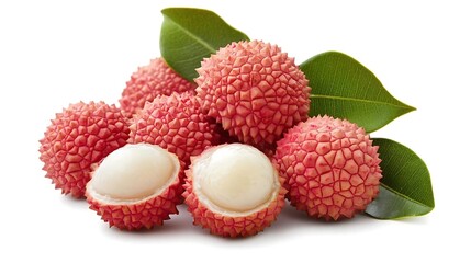 Wall Mural - Fresh Lychee Fruit with Green Leaves Isolated on White Background