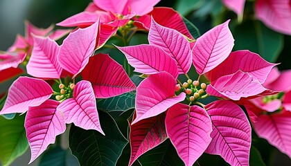 Wall Mural - Intricate details of a vibrant pink poinsettia flower, ideal for festive designs and holiday celebrations.