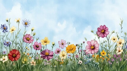 Poster - Watercolor Painting of Colorful Wildflowers Against a Blue Sky.