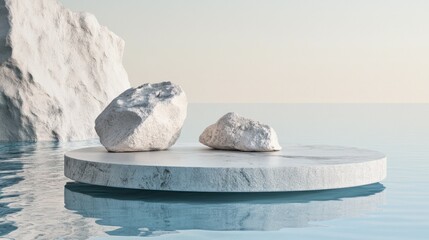 Poster - Minimalist scene with two rocks and a round stone platform on the calm blue water.