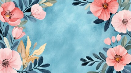 Wall Mural - Watercolor Floral Border on Blue Background.