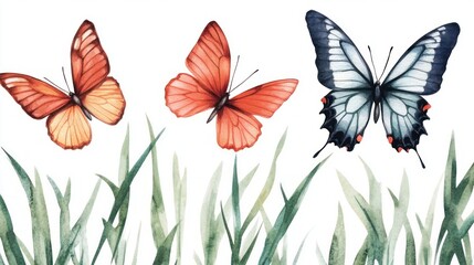 Wall Mural - Watercolor Butterflies in Grass.