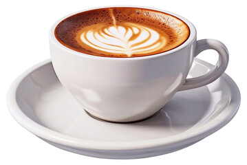 hot latte coffee with latte art in a ceramic white cup and saucer PNG file on isolated background.