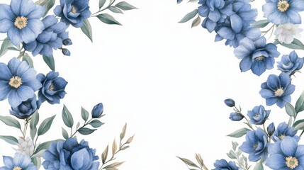 Wall Mural - Watercolor Blue Floral Border Frame.