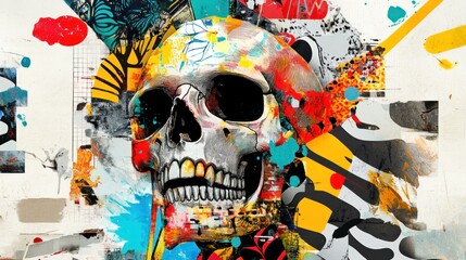 Sticker - A colorful abstract artwork featuring a human skull against a white background with splashes of color.