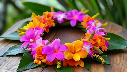 Wall Mural - Colorful Hawaiian flower lei of pink, orange, and yellow blossoms, symbolizing welcome and celebration, beautifully arranged in a circular design