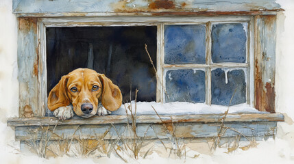 curious dog peeking rustic winter window