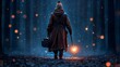 © Paisan - A fox-wizard cloaked in brown, wielding a glowing staff amidst a misty forest, creating a magical atmosphere filled with flickering lights.