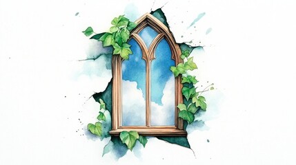 Wall Mural - Watercolor Painting of a Window with Ivy.