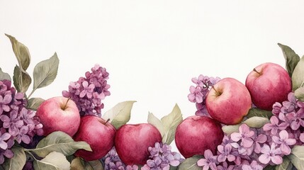 Wall Mural - Watercolor Apples and Lilac Flowers Border.