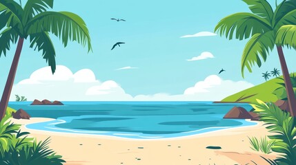 Wall Mural - Tropical beach with palm trees, ocean, and a sandy shore.