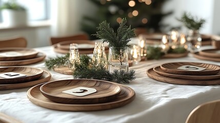 A Nordic-inspired minimalist Christmas table, white linens with wooden plates and sprigs of greenery in glass vases, natural textures and clean lines, serene and simple holiday setting,