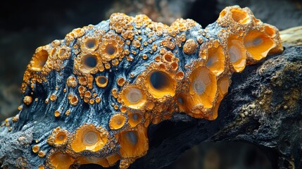 Canvas Print - close up of a lichen covered rock with yellow and blue colors