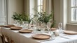 © TranNgoc - A serene Nordic minimalist Christmas table, white linens paired with wooden plates, delicate greenery in glass vases, natural light and clean lines creating a peaceful and understated holiday setting,