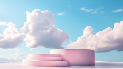 Wall Mural - Abstract pink podium with a blue sky and white clouds background.