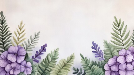 Poster - Watercolor Floral Border with Purple Flowers and Green Leaves.