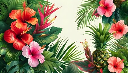 Wall Mural - Tropical Paradise of Vibrant Pineapple and Hibiscus Flower Surrounded by Lush Greenery