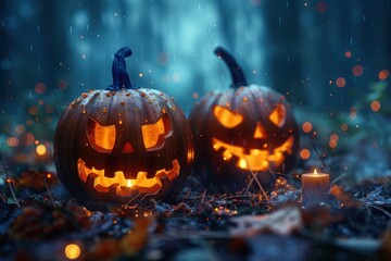 Two halloween pumpkins glowing in a rainy forest at night