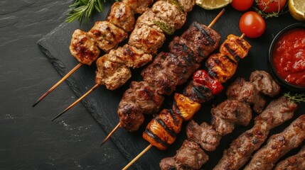 Wall Mural - Delectable barbecue skewers with mixed meat vegetables on dark slate