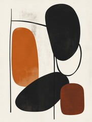 Wall Mural - An abstract composition displays black, orange, and tan forms arranged against a light backdrop, showcasing modern artistic expression