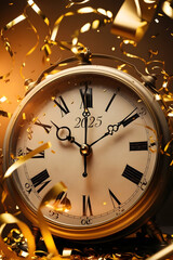 vintage clock striking midnight golden confetti streamers 2025 celebration happy new year