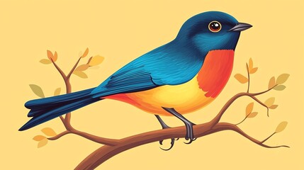 A colorful bird with blue, orange, and yellow feathers perched on a branch.