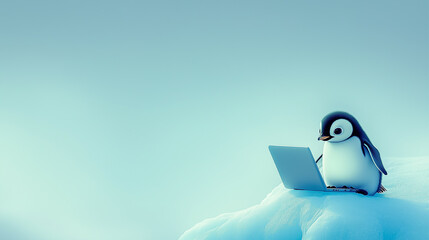 Wall Mural - a penguin is sitting on a laptop computer. the penguin is looking at the screen, possibly using the 
