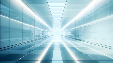 Poster - Sleek Futuristic Corporate Hallway with Reflective Lighting and Spacious Interior Design