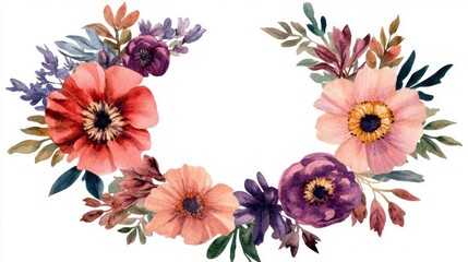 Poster - Watercolor Floral Wreath with Pink and Purple Flowers.