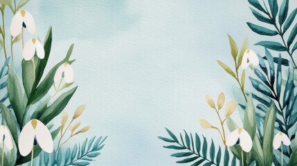 Wall Mural - Watercolor Floral Border with White Flowers and Green Leaves.