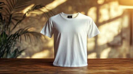 Blank white t-shirt on wooden table with blurred background.