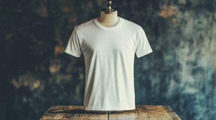 A plain white t-shirt on a mannequin with a rustic background.