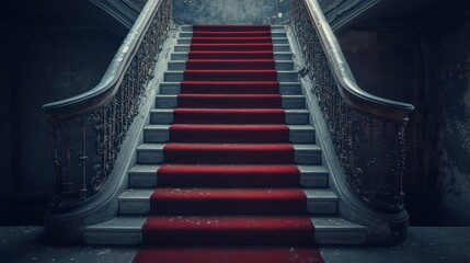 Poster - Red carpet on worn staircase in old building.