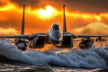 Wall Mural - a fighter jet flying low over the ocean waves