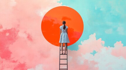 Wall Mural - Woman in a white dress stands on a ladder in front of a large orange circle on a pink and blue wall.