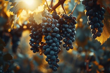 Bunches of ripe blue grapes hanging on vine in warm sunset light