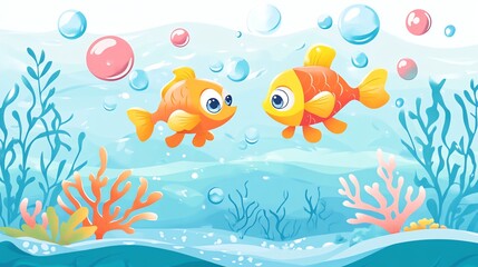 Two cute cartoon fish swimming in the ocean.