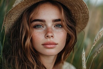 Close-up portrait of woman with freckles and straw hat