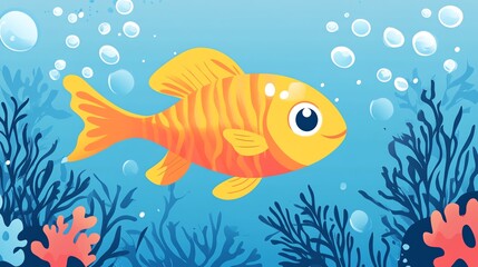 Wall Mural - A cartoon fish swimming in the ocean surrounded by bubbles and coral.