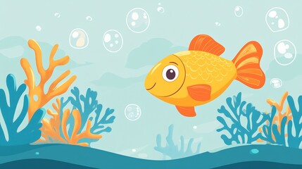 Wall Mural - A cute cartoon goldfish swims in a blue and green underwater scene with coral.