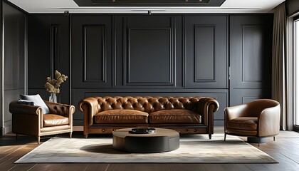 Canvas Print - Elegant modern living room featuring leather sofas and chairs, framed by a striking dark classic wall, enhanced by generative AI design elements.