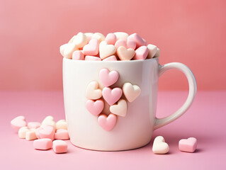 Awesome Valentines day brackfast with coffe and donuts isolated on pink wooden background