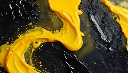 Wall Mural - Vibrant yellow oil swirling through rich black paint creating a textured artistic backdrop