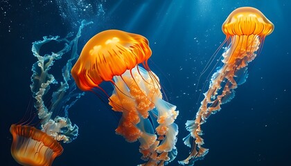 Sticker - Mesmerizing underwater dance of vibrant orange and blue jellyfish gliding gracefully through the deep, dark ocean